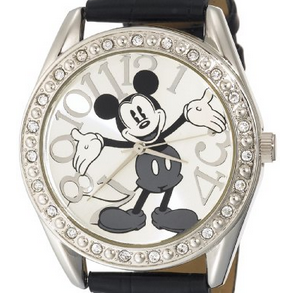 Disney Unisex MK1015 Mickey Mouse Silver Dial Black Crocodile Strap Watch $16.99