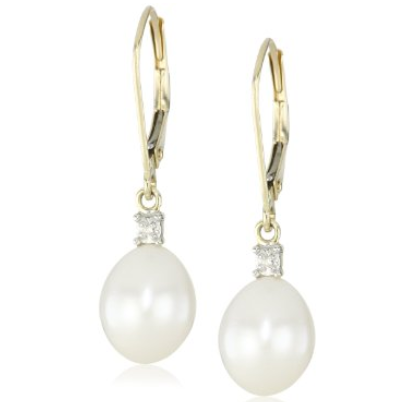 10k Gold Freshwater Cultured Pearl and Diamond Drop Earrings $59.99 (70%off)