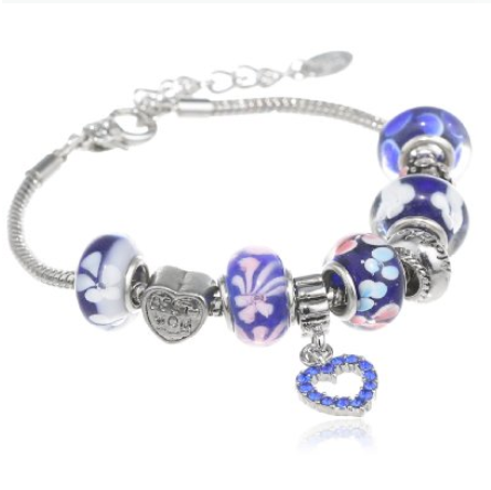 Charmed Feelings Blue Murano Glass Style Beads Mom Charm Bracelet, 7.5