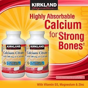Kirkland Signature Calcium Citrate 500mg , 500 Tablets (250 Tables x 2) with Vitamin D3, Magnesium & Zinc $12.29