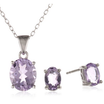Sterling Silver Oval Amethyst Pendant Necklace and Earrings Set, 18
