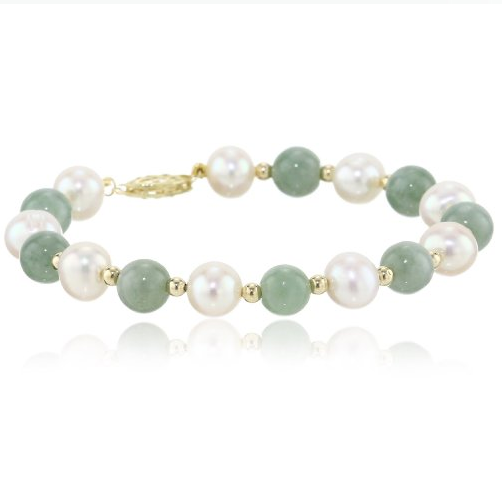 14k Yellow Gold Green Jade Bead and Freshwater Pearl Bracelet, 7.5