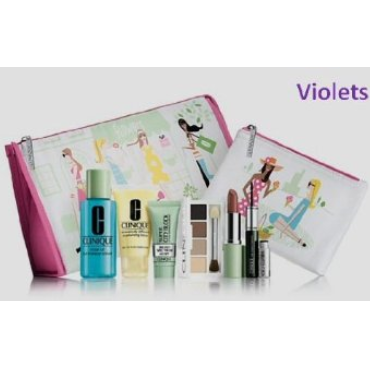 Clinique 2013 Spring 8 pcs Beauty Essentials (Violets) includes: Dramatically Different Moisturizing Lotion, Rinse-Off Eye Makeup Solvent, Super City Block SPF 40, 4-Shade Eyeshadow Palette (Color of Violets), Lipstick (A Different Grape), Mascara Combo (High Impacted and Bottom Lash both in Black), and Two Cosmetics pouches.  $12.95 + $10.00 shipping 