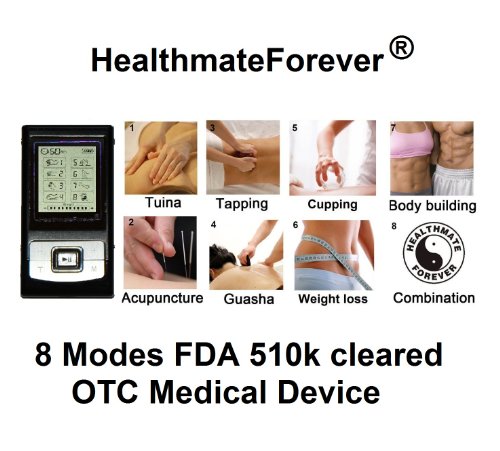 FDA cleared HealthmateForever massager 8 modes physiotherapy device + extra Bonus: 4 pcs large hand shaped pads, powered by rechargeable lithium battery, LCD display, auto shut off timer, *updated battery level indicator*, apply 4 pads to targeted areas such as both knees, shoulders, arms, shoulders, heels, hands... Portable Full Body hands-free therapeutic massage, foot ankle massager. Multi jobs: Pain Relief, Detox by Guasha, Body Building, Application at the abs, biceps, triceps, thighs, Sport Training, Workout, Sport Injury, Post Surgery Recovery or Rehab (Quality guarantee Lifetime Warranty)  $89.99 (64%off) + $9.99 shipping 