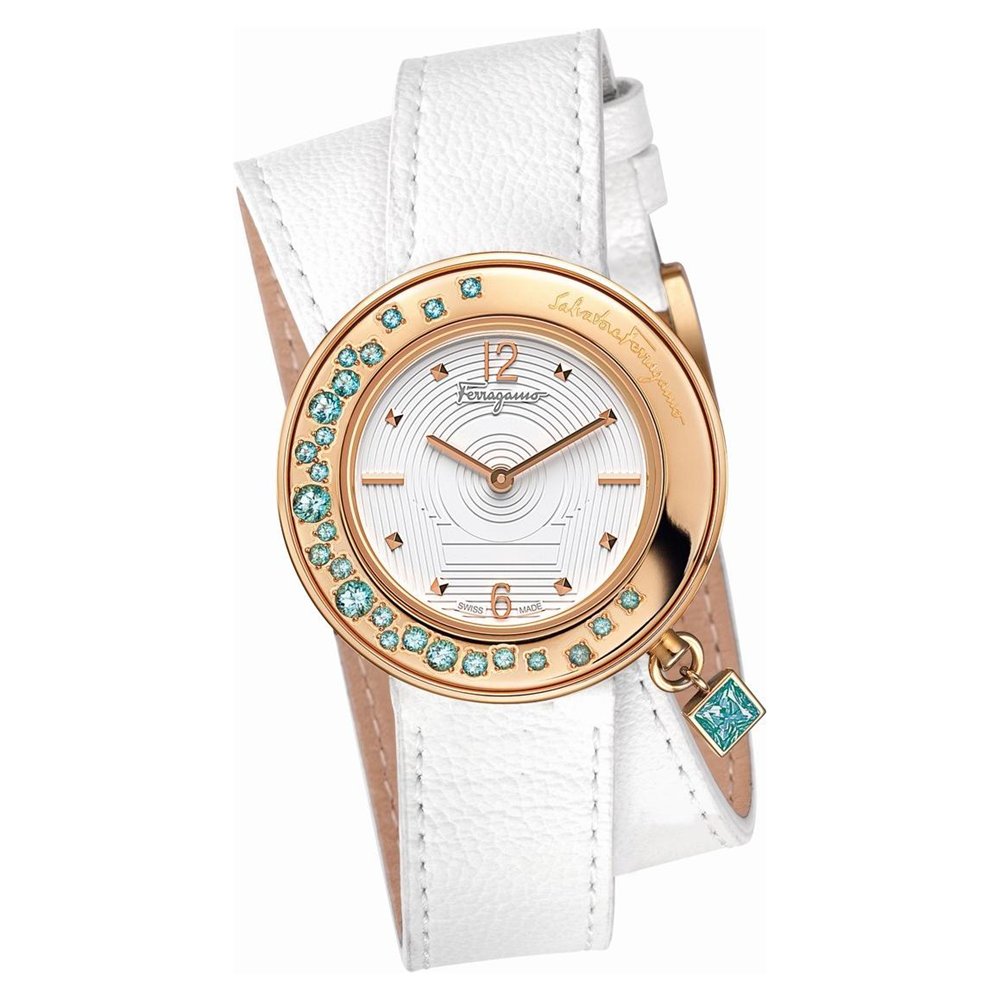 Ferragamo Women's F64SBQ52401 S001 Gancino Sparkling Gold Ion-Plated Rotating Turquoise Stone Bezel Double-Tour Leather Band Watch $836.78