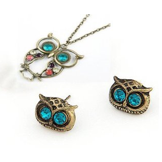 niceEshop(TM) 2Pcs Pack - Vintage Retro Art Deco Owl Head Charm Stud Earrings + Classical Style Crystal Diamond Owl Design Necklace/Sweater Chain  $0.99 + Free Shipping 