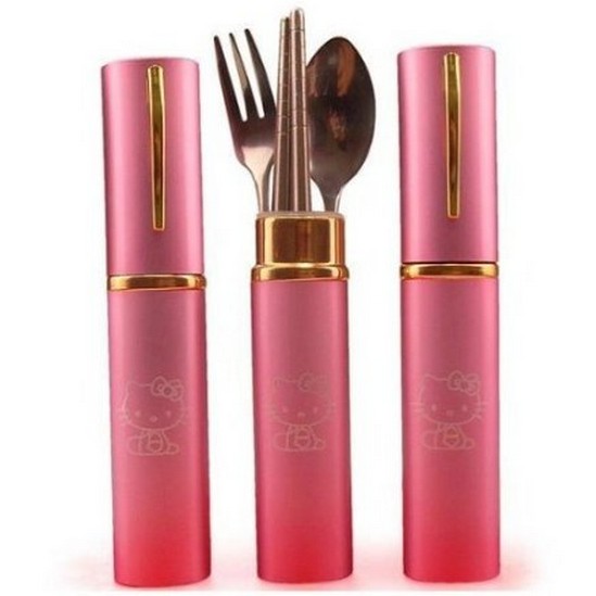 niceEshop(TM) 3 in 1 Hello Kitty Tableware Set Fork and Spoon Travel Case-Pink $2.99 + Free Shipping