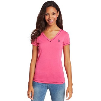 U.S. Polo Assn.女款棉质V领T恤衫（粉色款） $5.73