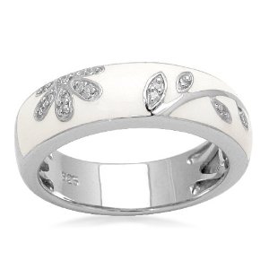 Sterling Silver Diamond White Enamel Floral Design Stack Ring (1/20 cttw, I-J Color, I3 Clarity) $49.00 