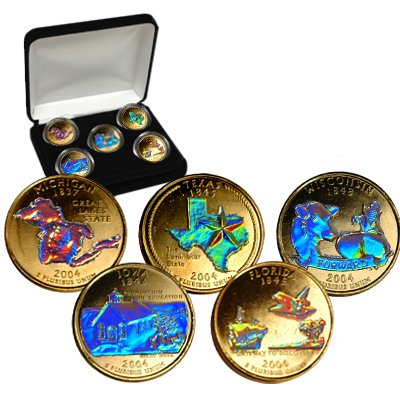 收藏及回国特色好礼！2004年 24K镀黄金硬币Quarters精美5件套 特价$17.50