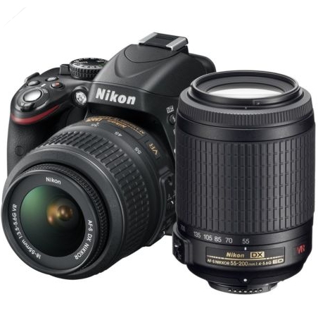 仅限今日！Nikon尼康D5100 16.2MP数码单反相机，带18-55MM VR 以及55-200MM VR镜头$469.99 免运费 厂家翻新