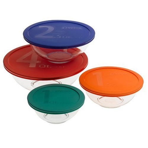 Pyrex #1086053 Smart Essentials 8-Piece Mixing Bowl Set W/Colored Lids $10.99