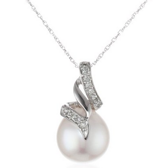 14k White Gold 9.5-10mm Golden South Sea Pearl Pendant Necklace (.1 Cttw, G-H Color, I1-I2 Clarity), 17