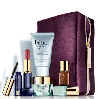 Estee Lauder 2013 Gift Set $135 Value including Skincare Duo, Advanced Night Repair Serum, Cleanser, Lipstick, Mascara with Purple Cosmetic Bag $32