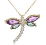 Yellow Gold Gemstone Diamond Dragonfly Pendant Necklace, 18