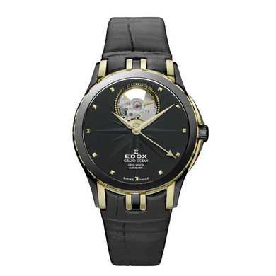 Edox Men's 85012 357JN NID Grand Ocean Automatic Gold PVD Black Leather Window Watch $981.93