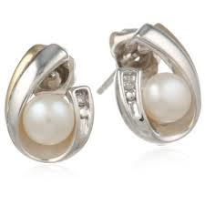S&G Sterling Silver, 14k Yellow Gold, and Freshwater Cultured Pearl (5.0-5.5 mm) and Diamond Earrings $49.00  