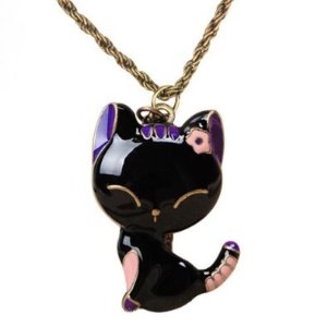 niceEshop(TM) Vintage Glazed Lady Cat Pendant Long Chain Necklace-Black Pink&Purple $0.85 