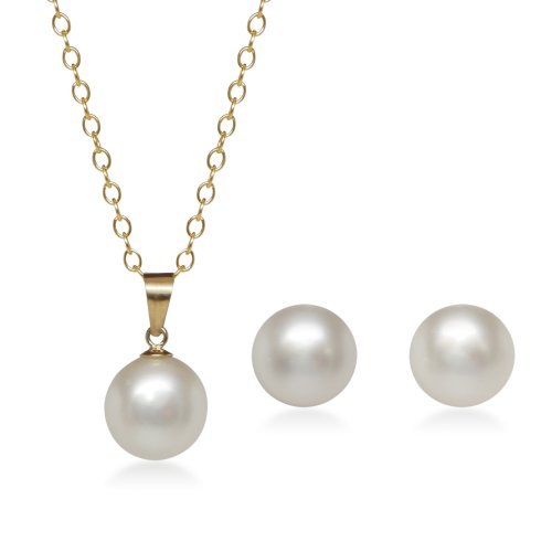 White Freshwater Cultured Pearl Button Stud Earrings and Pendant, 18