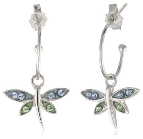 Sterling Silver Blue and Green Crystal Dragonfly Charm Hoop Earrings (0.4