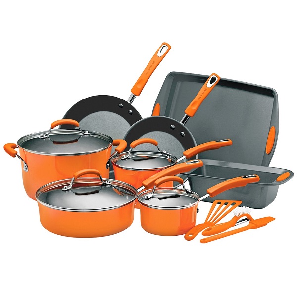 Rachael Ray Porcelain Enamel II Nonstick 15-Piece Cookware Set, Orange, only $89.00, free shipping， 55% off