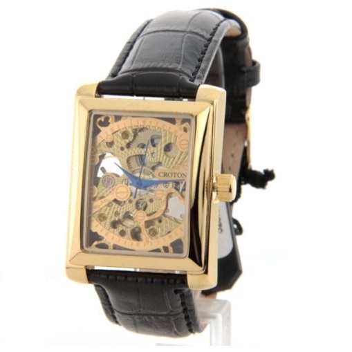 酷！Croton 巴豆牌男式自動手錶，金色長方形錶盤，黑色真皮錶帶，原價$595.00，現降價92%，僅售$44.99，免運費