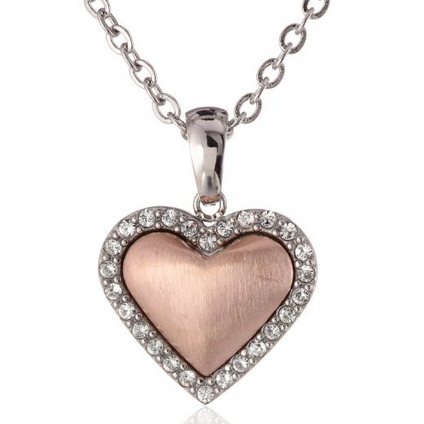 Stainless Steel Rose Gold Plated Heart and Crystal Pendant Necklace, 16