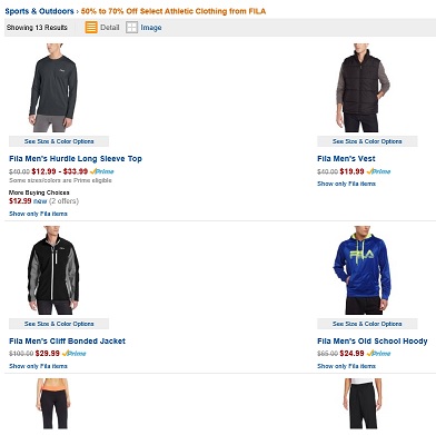Amazon多款FILA斐乐品牌运动服装降价50% -70%促销。