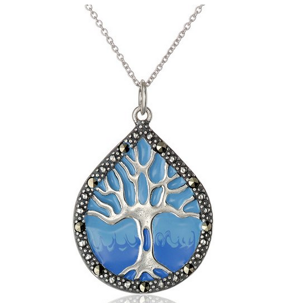Sterling Silver, Marcasite, and Blue Epoxy Tree of Life Pendant Necklace, 18
