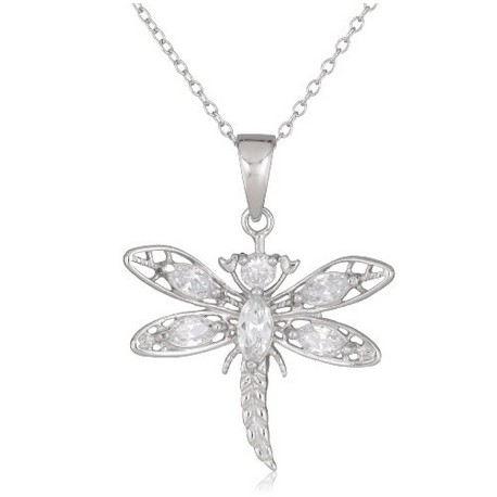 Sterling Silver Simulated Diamond Dragonfly Pendant, 18