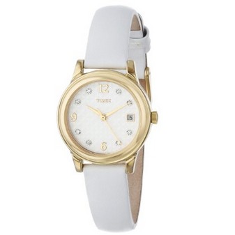 Timex Women's T2N449 Elevated Classics Swarovski Crystals White Leather Strap Watch $18.35