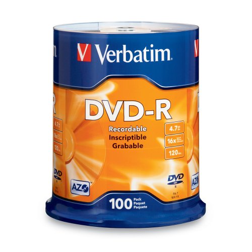 Verbatim 95102 4.7 GB up to 16x Branded Recordable Disc DVD-R 100-Disc Spindle, only $16.18