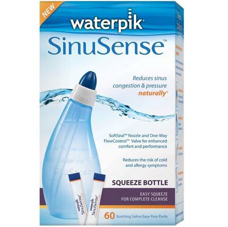 Waterpik SWS 360 Sinusense Squeeze Bottle Includes 60 Soothing Saline Packs With Aloe Vera and Eucalyptus, Blue $13.49	(10%off)  