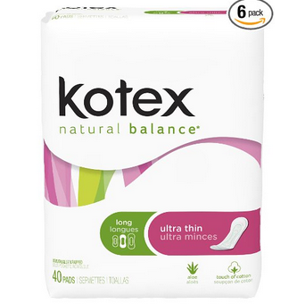 超赞！Kotex 高洁丝 Natural Balance*超薄长型独立包装天然棉质卫生巾*6包X40个 特价$31.84