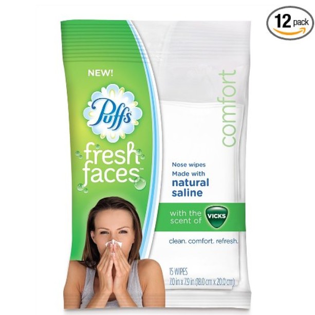 Puffs Fresh Faces Moist Nose and Face Wipes with Natural Saline, Vicks Menthol Scent, 15 Count (Pack of 12) $8.99