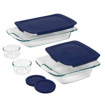 Pyrex Easy Grab 8 piece Bake and Store set includes 1-ea 3 quart oblong,8 inch square, 2-ea 1 cup round storage dishes with blue plastic covers, only $14.59