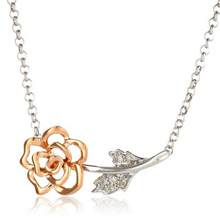 XPY Sterling Silver and 14k Rose Gold Flower Necklace with Diamond Accents, 17
