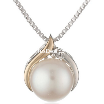 S&G Sterling Silver and 14k Yellow Gold Freshwater Cultured Pearl 8mm and Diamond Pendant Necklace, 18