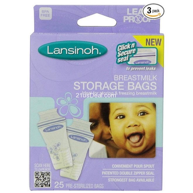 Lansinoh母乳储存袋，25个/盒，共3盒，原价$29.96，现点击coupon后仅售$12.49