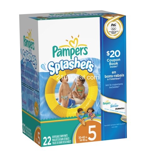 Pampers 帮宝适 Splashers 游泳纸尿裤，5号尺码，22个装，原价$11.13，现点击Coupon后仅售$7.99，免运费。其它尺码有售