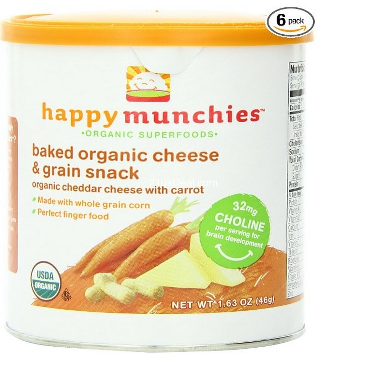 Happybaby Happymunchies禧貝有機乳酪蔬菜泡芙條胡蘿蔔芝士條，1.63oz每罐，共6罐，現僅售$13.50，免運費