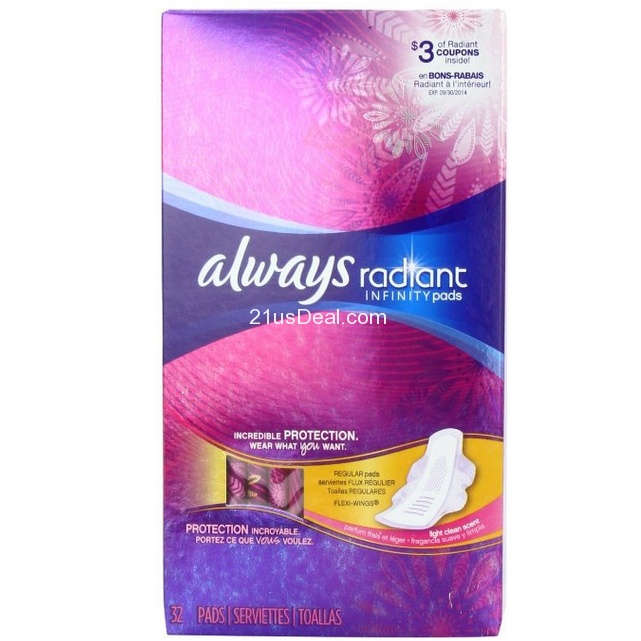 Amazon-Only $5.97  Always Radiant Infinity Regular With Wings Fresh Scented Pads