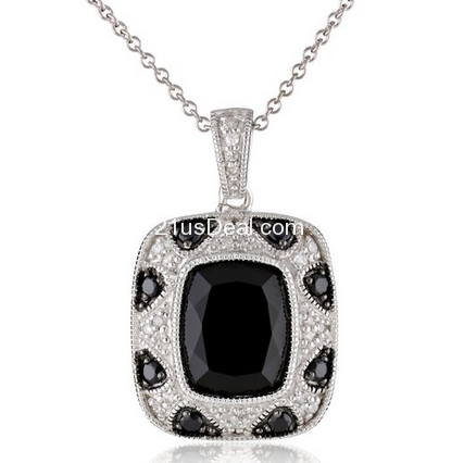 Sterling Silver Onyx and Diamond (0.13cttw, I-J Color, I2-I3 Clarity) Pendant Necklace, 18