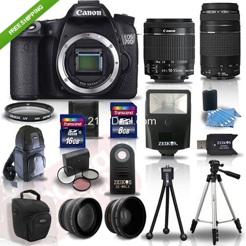 Canon EOS 70D SLR Camera + 4 Lens Kit 18-55 STM +75-300 mm + 24GB TOP VALUE KIT $999.95 FREE Shipping