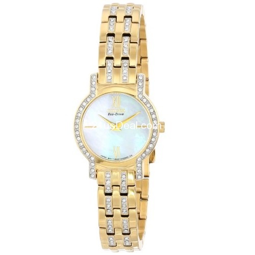 超贊！史低價！Citizen西鐵城 EX1242-56D 珍珠貝母錶盤鑲施華洛世奇水晶女士光動能腕錶，原價$325.00，現僅售$138.12，免運費。