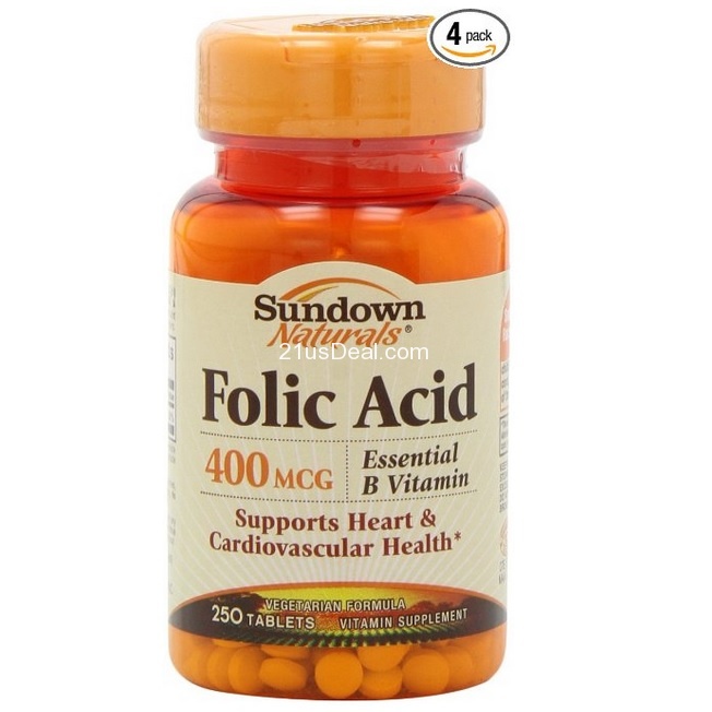 Sundown Naturals Folic Acid, 400 mcg, 250 Tablets (Pack of 4),  only $4.28
