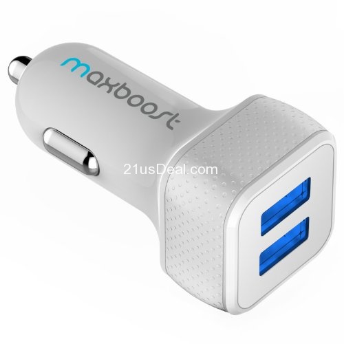Amazon-Only $7.99 Maxboost 4.4A/22W Dual-Port USB Car Charger-[White/Grey]Portable Rapid External Battery Pack Charger for Samsung Galaxy S5/S5 Prime; The All New HTC One M8/ACE M7 M4,Mini 2;iPhone 5S 5 5C 4S 6,iPad Air 4 3 2,iPad Mini 1 2 Retina,iPod Touch Nano;Samsung Z,Galaxy S4/Active S3, Note 4 3,Tab S 4 3 7.0 8.0 8.4 10.1 10.5;Amazon Fire Phone;LG Optimus G3 G2,G Flex,G Pro 2,G Pad;Google Nexus 5 4 7 8 FHD 2;Motorola;Sony Xperia Z2;Other Android Phone/Tablets(a.k.a Backup Extended Cable Power Case Charger)，$7.19
