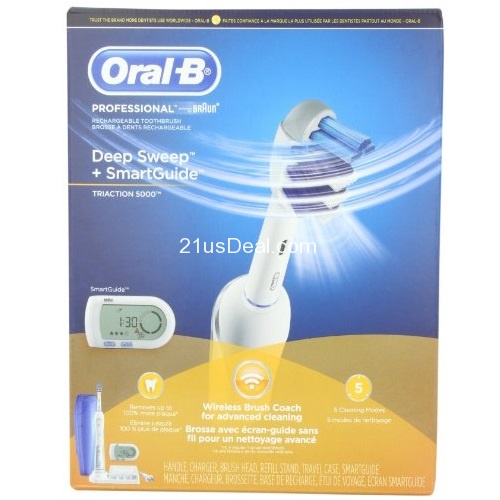 史低价！Oral-B 欧乐B Professional Deep Sweep + Smartguide Triaction 5000 充电电动牙刷，原价$133.12，现点击coupon后仅售$61.21，免运费