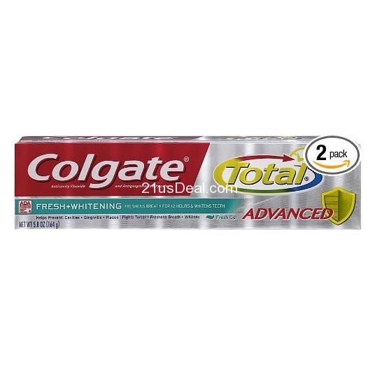 Colgate高露洁Total Advanced  Fresh Whitening高级净白牙膏，5.8oz每支，共2支，原价$12.81，现点击coupon后仅售$4.47，免运费