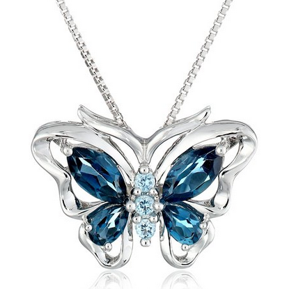 Sterling Silver Swiss and London Blue Topaz Butterfly Pendant Necklace, 18
